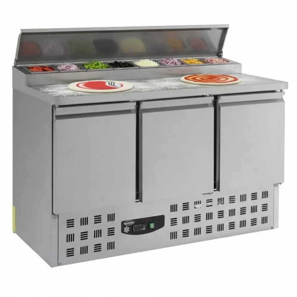 Pizzatisch Saladette mit Deckel, 3 Türen, 8x 1/6GN, Breite 1368mm