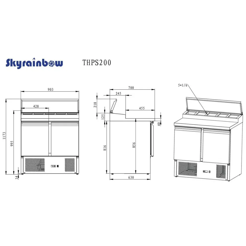 Pizzatisch Zubereitungstisch 2 Türen, Unterbaukühlung, Breite 90 Tiefe 70 cm