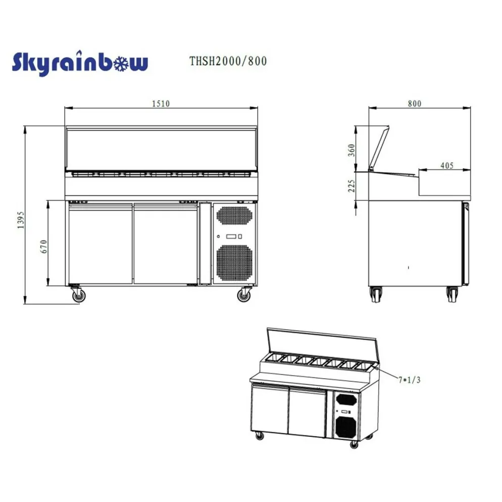 Pizzatisch Zubereitungstisch 2-türig, 7x GN1/3, Breite 1510 mm