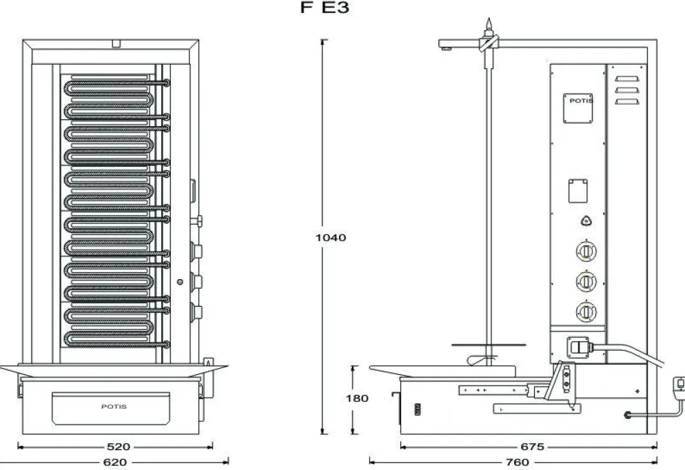 POTIS F E3 Elektro Gyrosgrill Dönergrill Kebabgrill 50 kg, Höhe 1040 mm - Motor unten