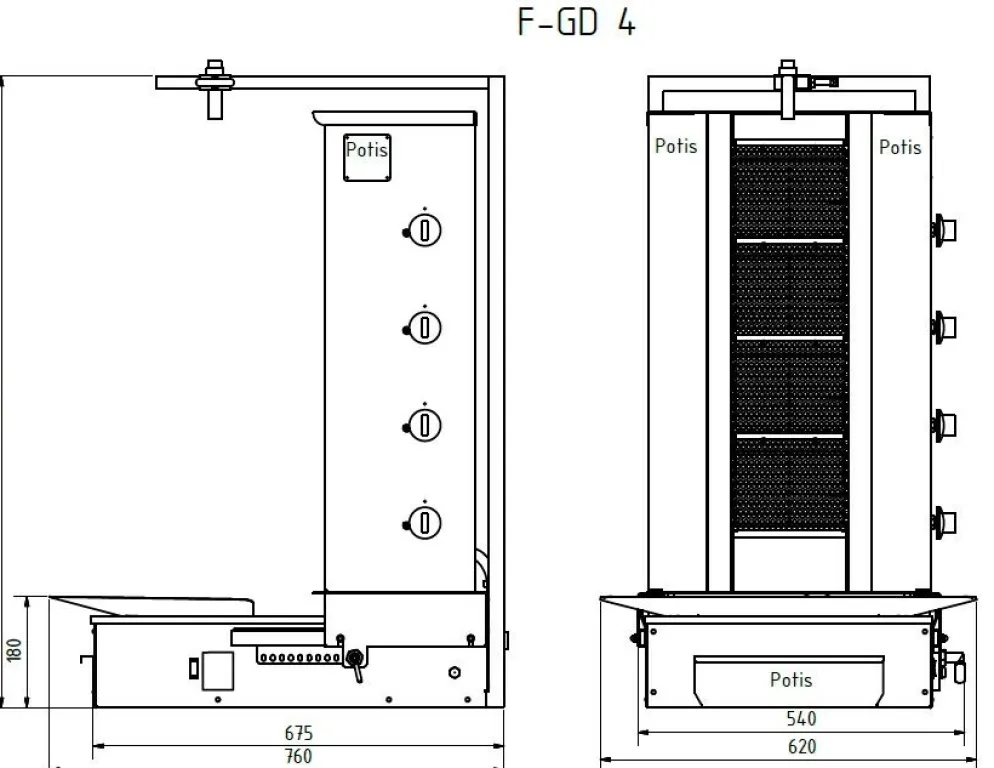 POTIS F GD4 Gyrosgrill Dönergrill Kebabgrill 70 kg, Motor unten, "ERDGAS"