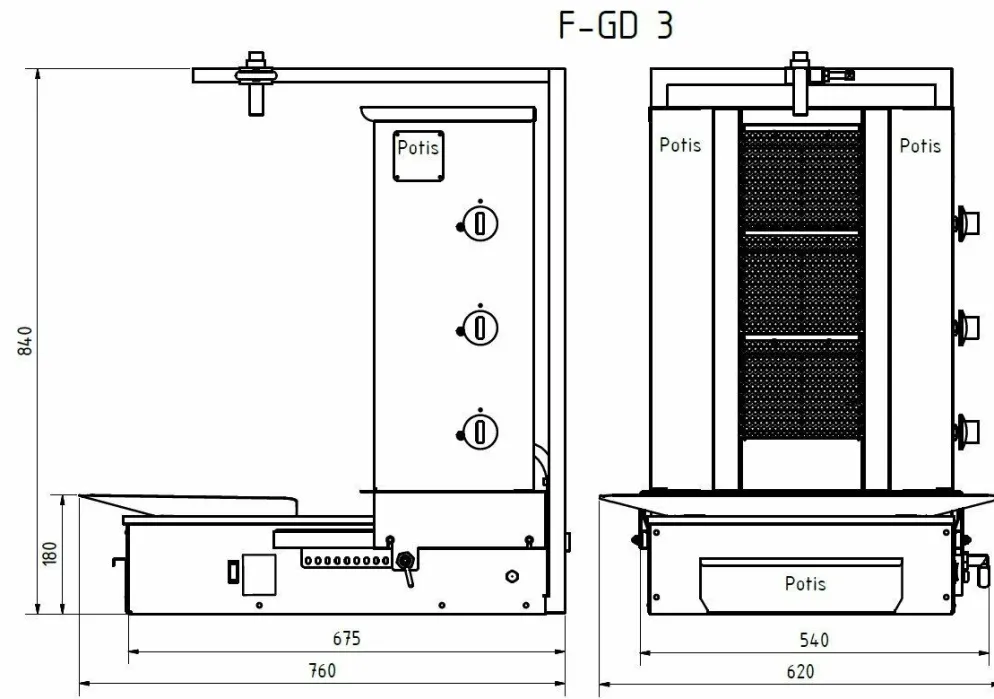 POTIS F GD3 Gyrosgrill Dönergrill Kebabgrill 40 kg, Motor unten, "PROPANGAS"