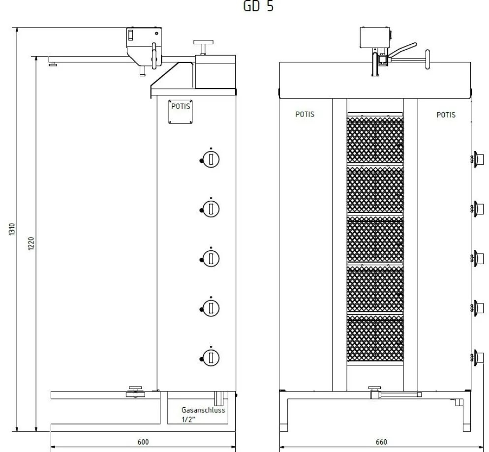 POTIS GD5 Gyrosgrill Dönergrill Kebabgrill 120 kg, "PROPANGAS"