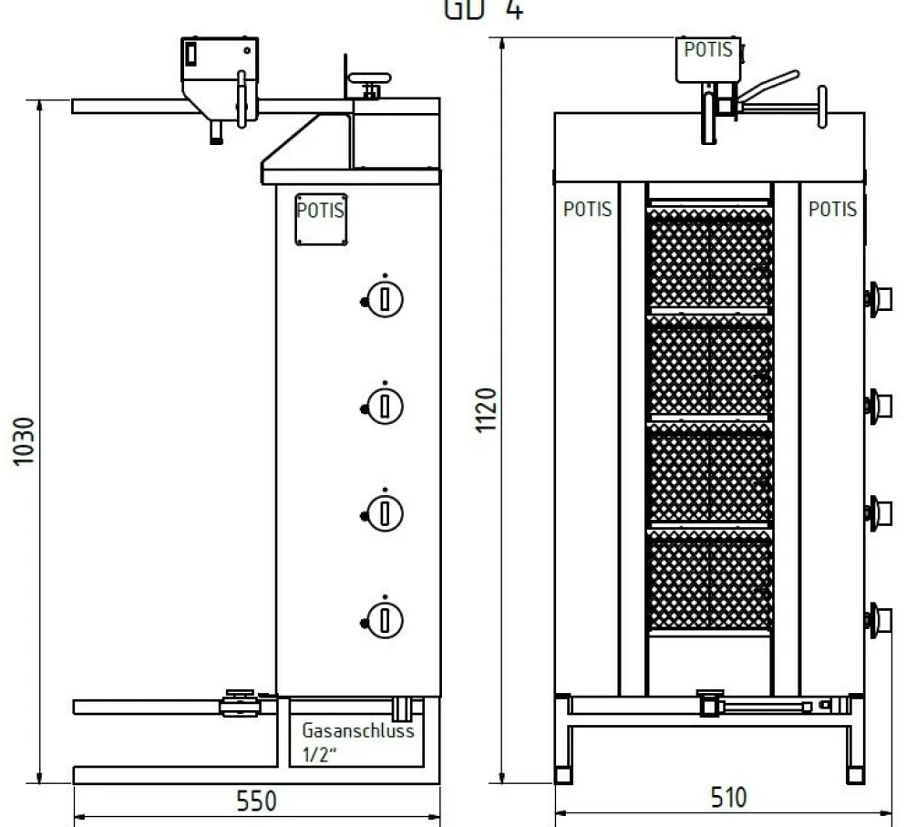 POTIS GD4 Gyrosgrill Dönergrill Kebabgrill 70 kg, "ERDGAS"