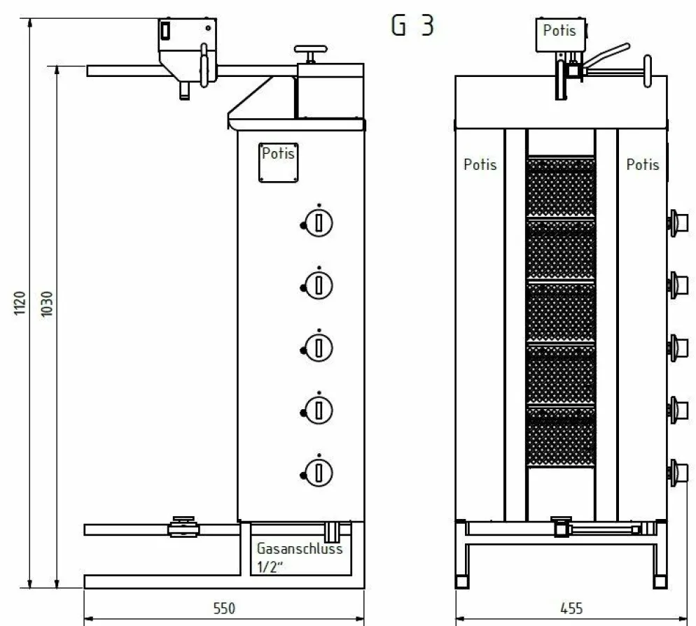 POTIS G3 Gyrosgrill Dönergrill Kebabgrill 50 kg, "ERDGAS"