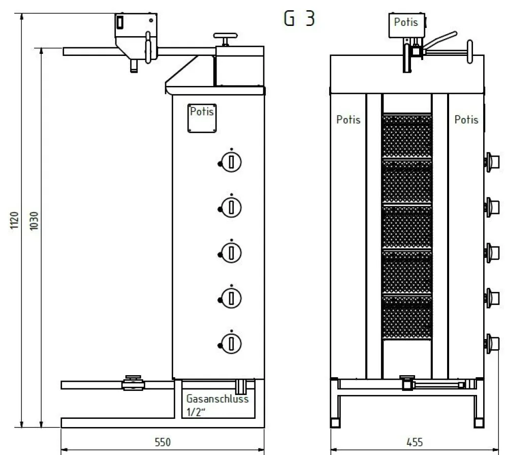 POTIS G3 Gyrosgrill Dönergrill Kebabgrill 50 kg, "PROPANGAS"