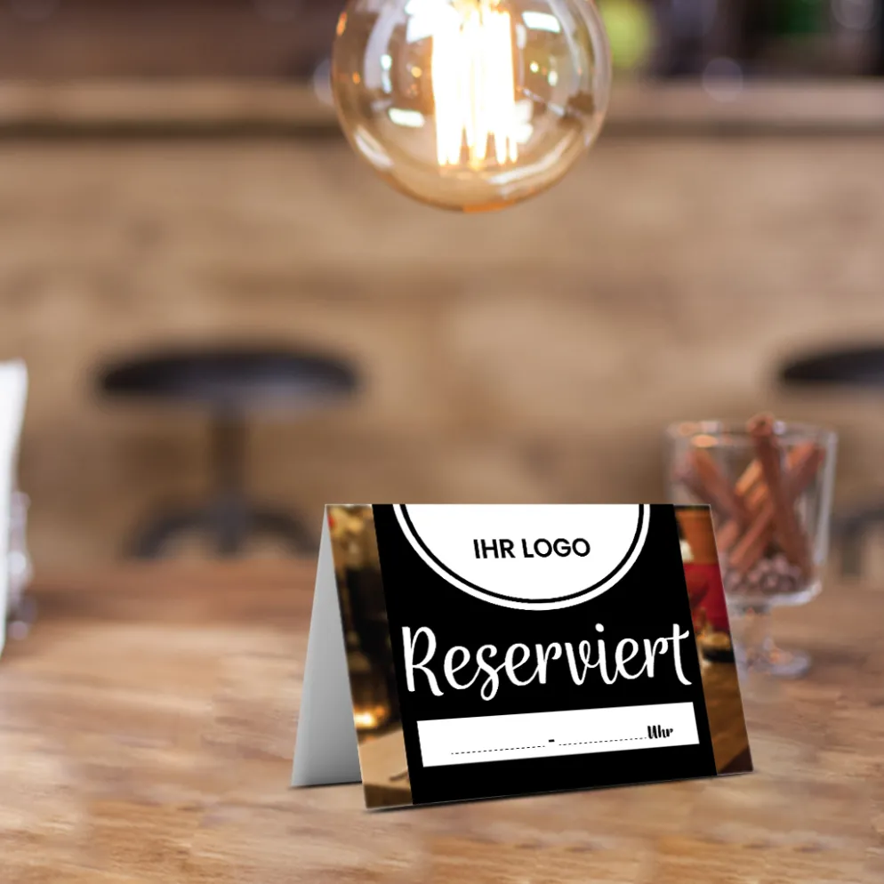 Reserviert-Tischschild Dark mit Uhrzeit-Feld & Logo (250 Stk.)