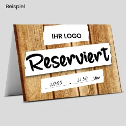 Reserviert-Tischschild Wood-Motiv mit Uhrzeit-Feld & Logo (250 Stk.)