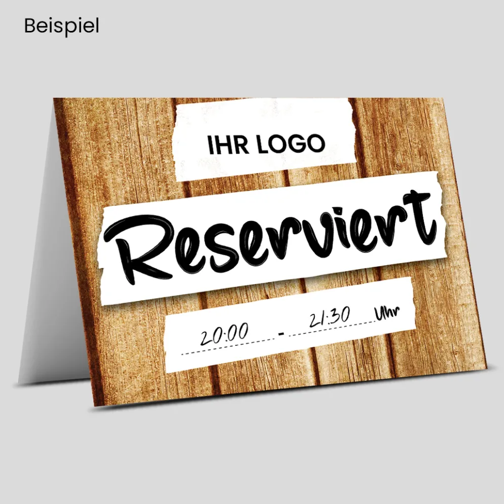 Reserviert-Tischschild Wood-Motiv mit Uhrzeit-Feld & Logo (250 Stk.)