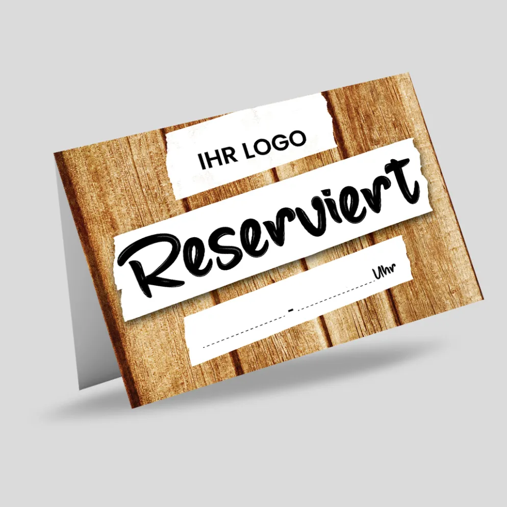 Reserviert-Tischschild Wood-Motiv mit Uhrzeit-Feld & Logo (250 Stk.)