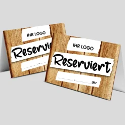 Reserviert-Tischschild Wood-Motiv mit Uhrzeit-Feld & Logo (250 Stk.)