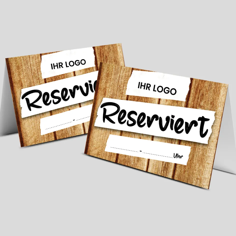 Reserviert-Tischschild Wood-Motiv mit Uhrzeit-Feld & Logo (250 Stk.)