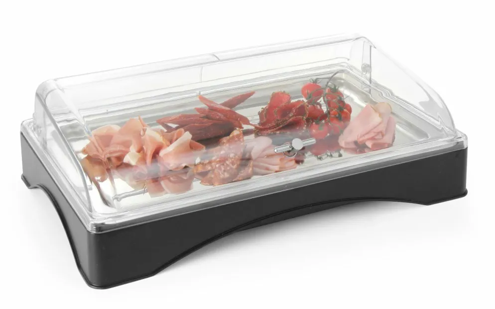 Rolltop-Präsenter Vitrine gekühlt GN 1/1 mit Tablett, Haube, Akkus