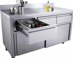SARO Edelstahl Arbeitsschrank, Schiebtüren, 3 Schubladen 1400x700x850mm