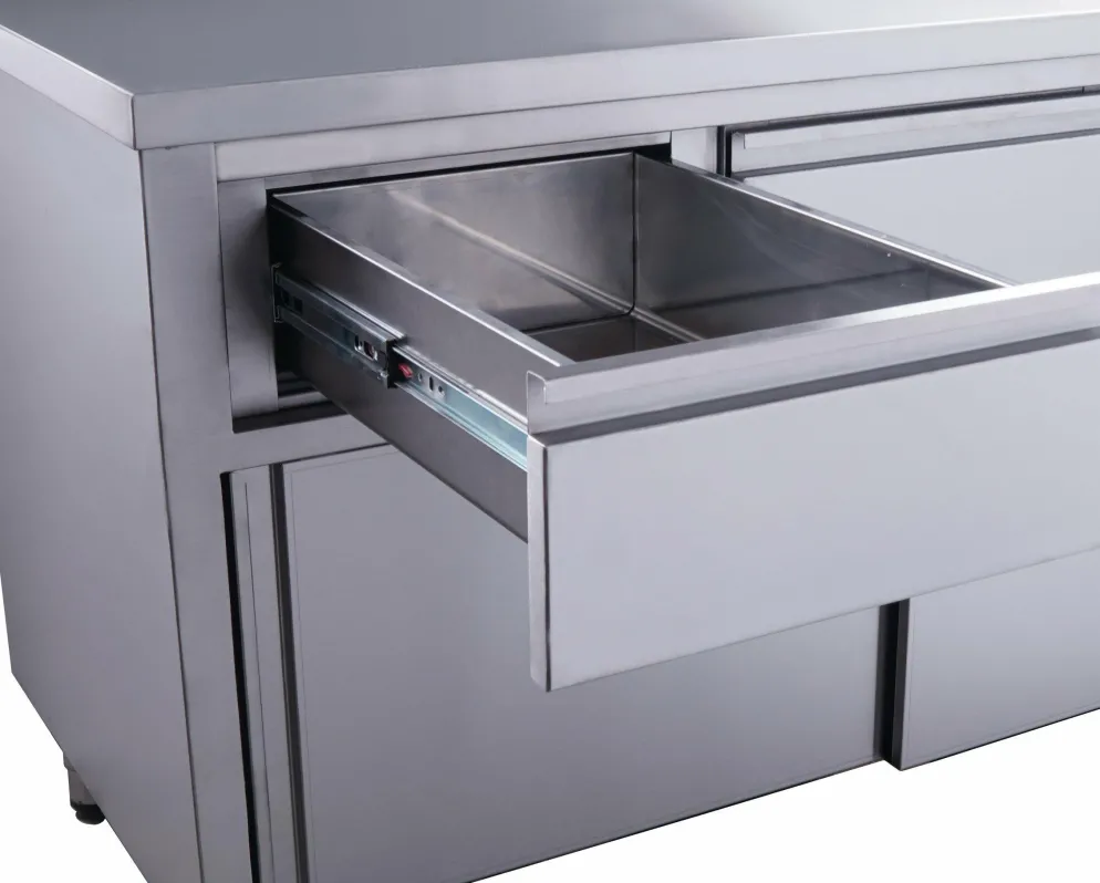 SARO Edelstahl Arbeitsschrank, Schiebtüren, 2 Schubladen 1200x700x850mm