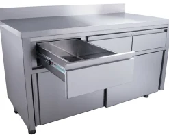 SARO Edelstahl Arbeitsschrank, Schiebtüren, 3 Schubladen 1600x700x850mm