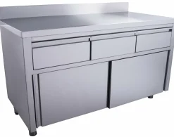 SARO Edelstahl Arbeitsschrank, Schiebtüren, 3 Schubladen 1600x700x850mm