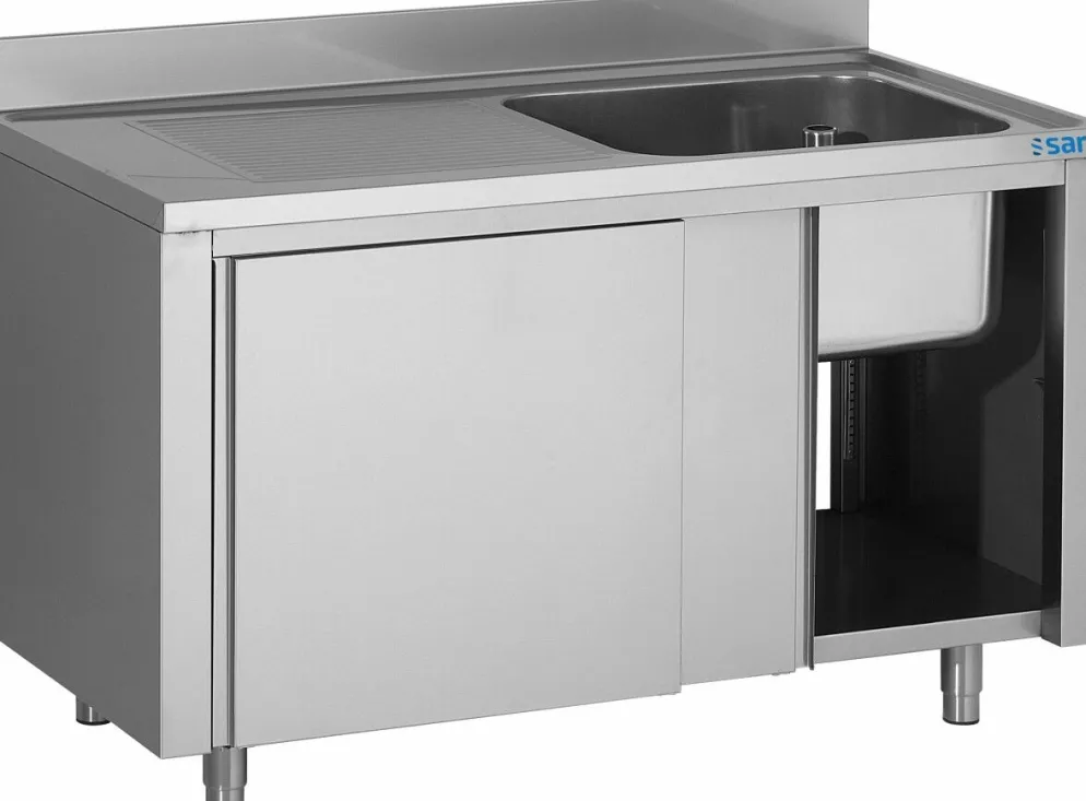 SARO Spülschrank mit Schiebetüren 1400mm, 1 Becken rechts