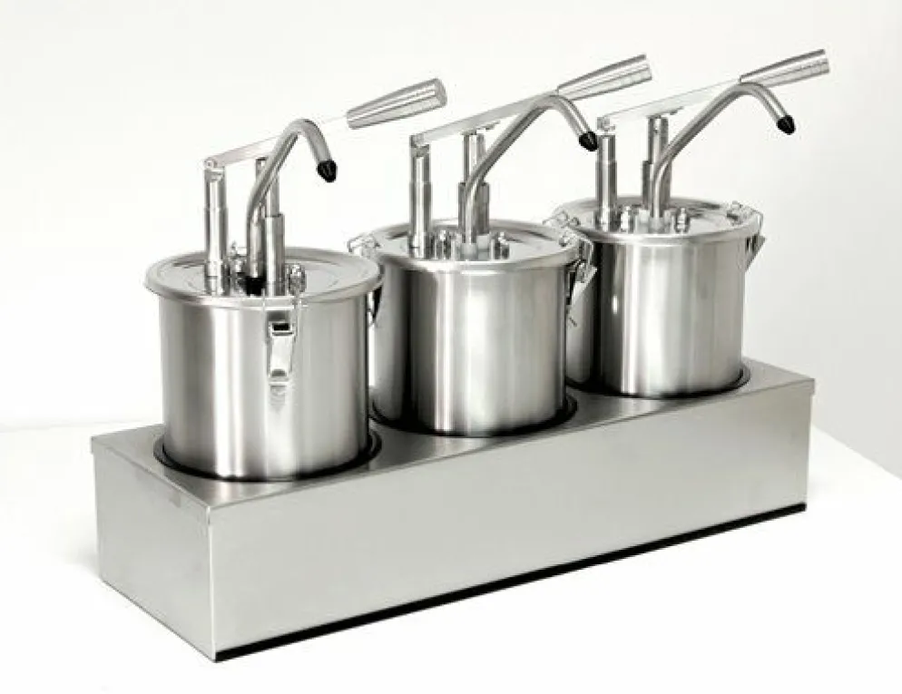 SCHNEIDER Saucenspender / Dosierspender Edelstahl mit Hebel und 3 x 5 Liter Behältern