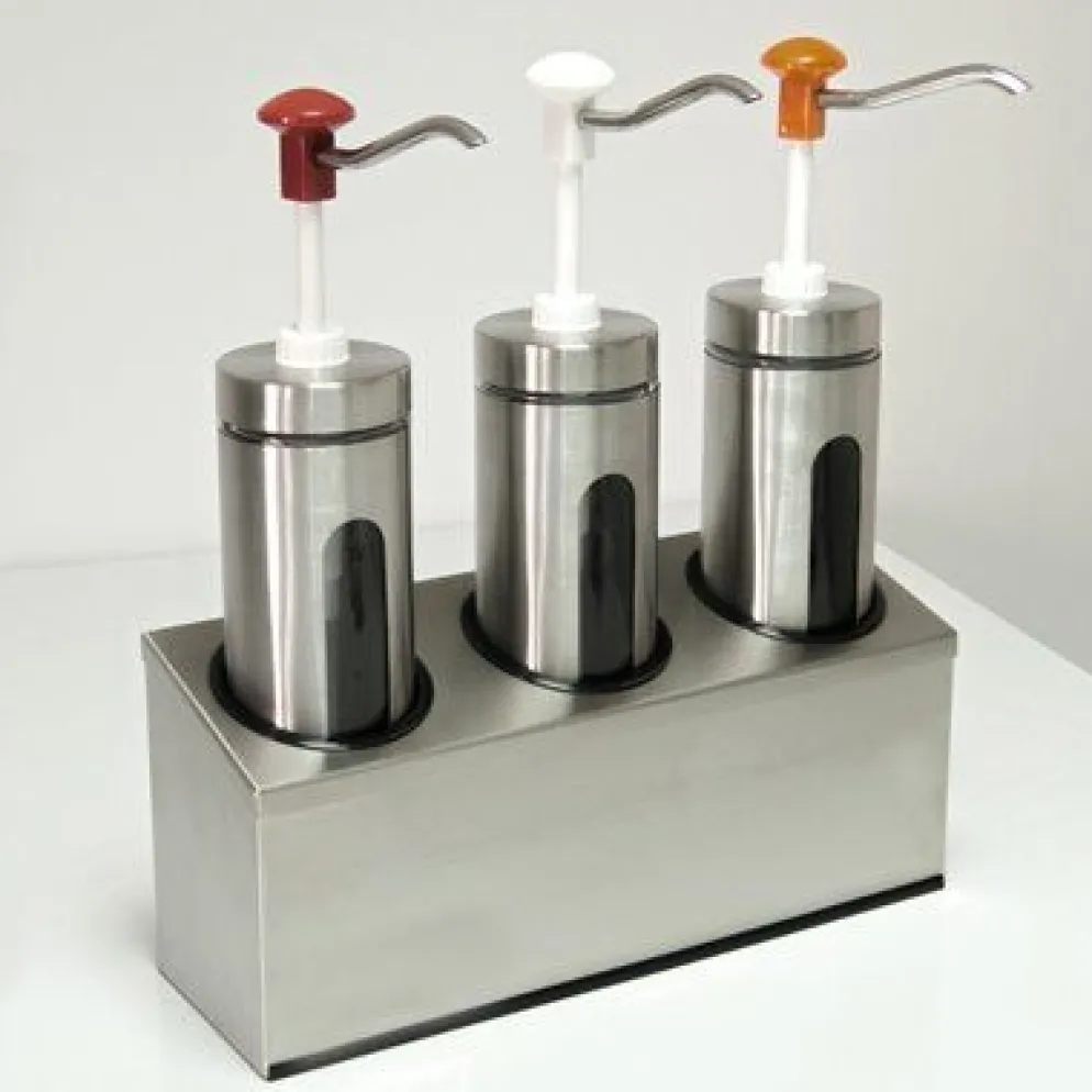 SCHNEIDER Saucenspender 3 x 2 Liter Edelstahlbehälter mit Druckknopf und Sichtfenster