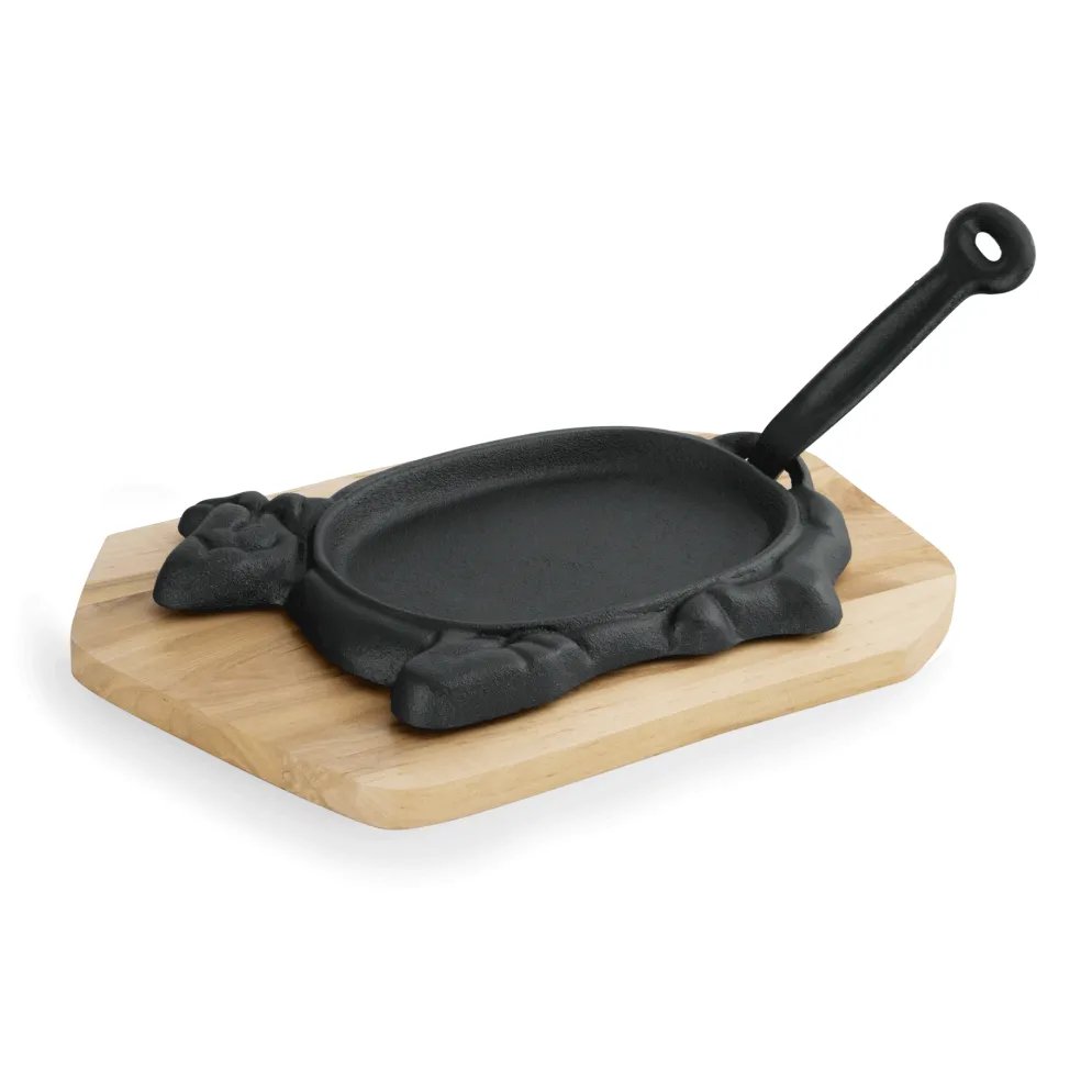 Servierpfanne IRON DINING, mit Holzuntersetzer, 27 x 16 x 2 cm, Motiv Rind, Gusseisen, Holz