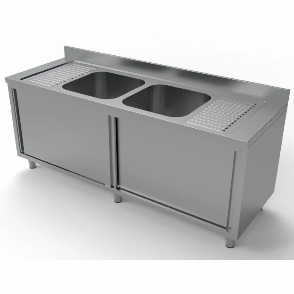 Spülschrank mit Schiebetüren, 2 Becken Mitte, 2000x700x850mm