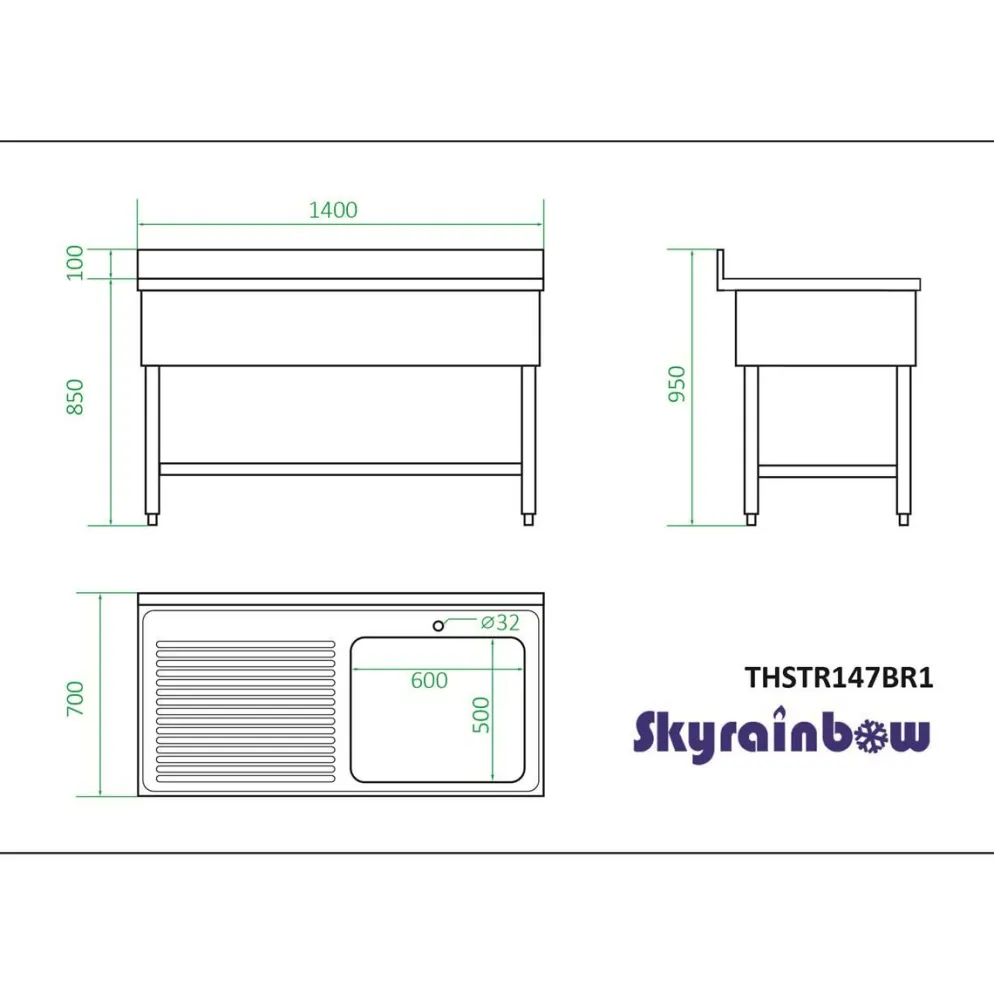 Spültisch, Breite 1400 mm, 1 Becken rechts, mit Aufkantung
