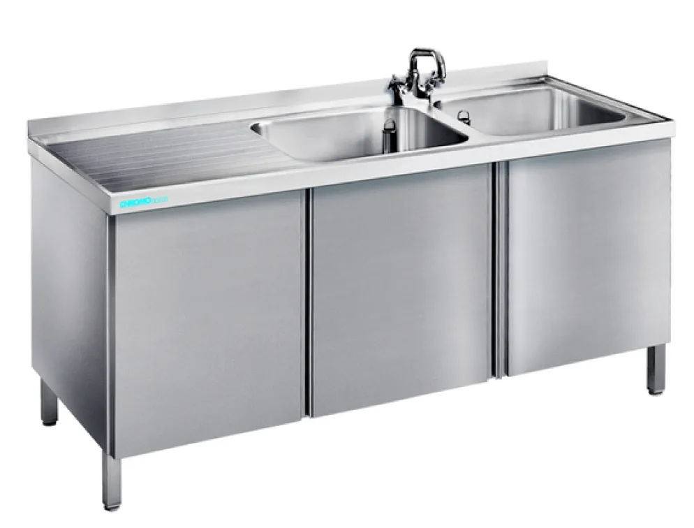 Spültisch mit 2 Becken Rechts und Flügeltüren, 1500x600x850mm