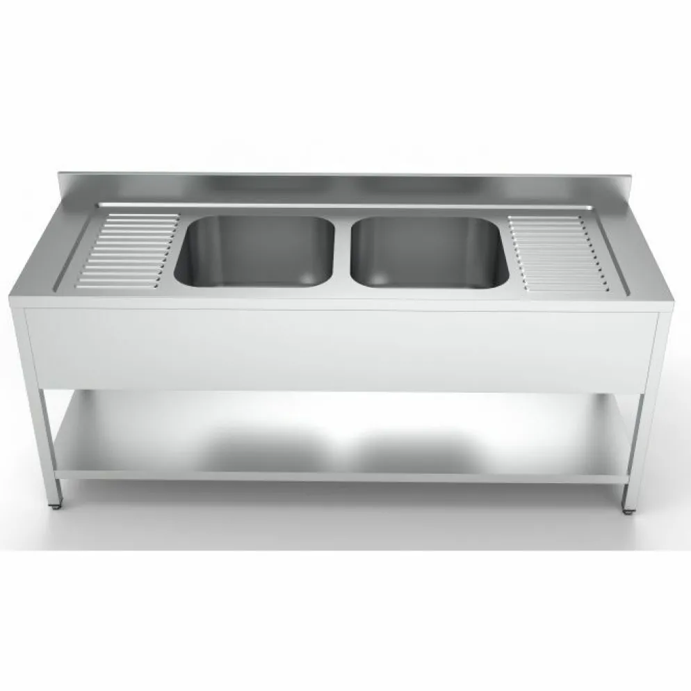 Spültisch 700 mm mit Grundboden Breite 2400 mm, 2 Becken mittig