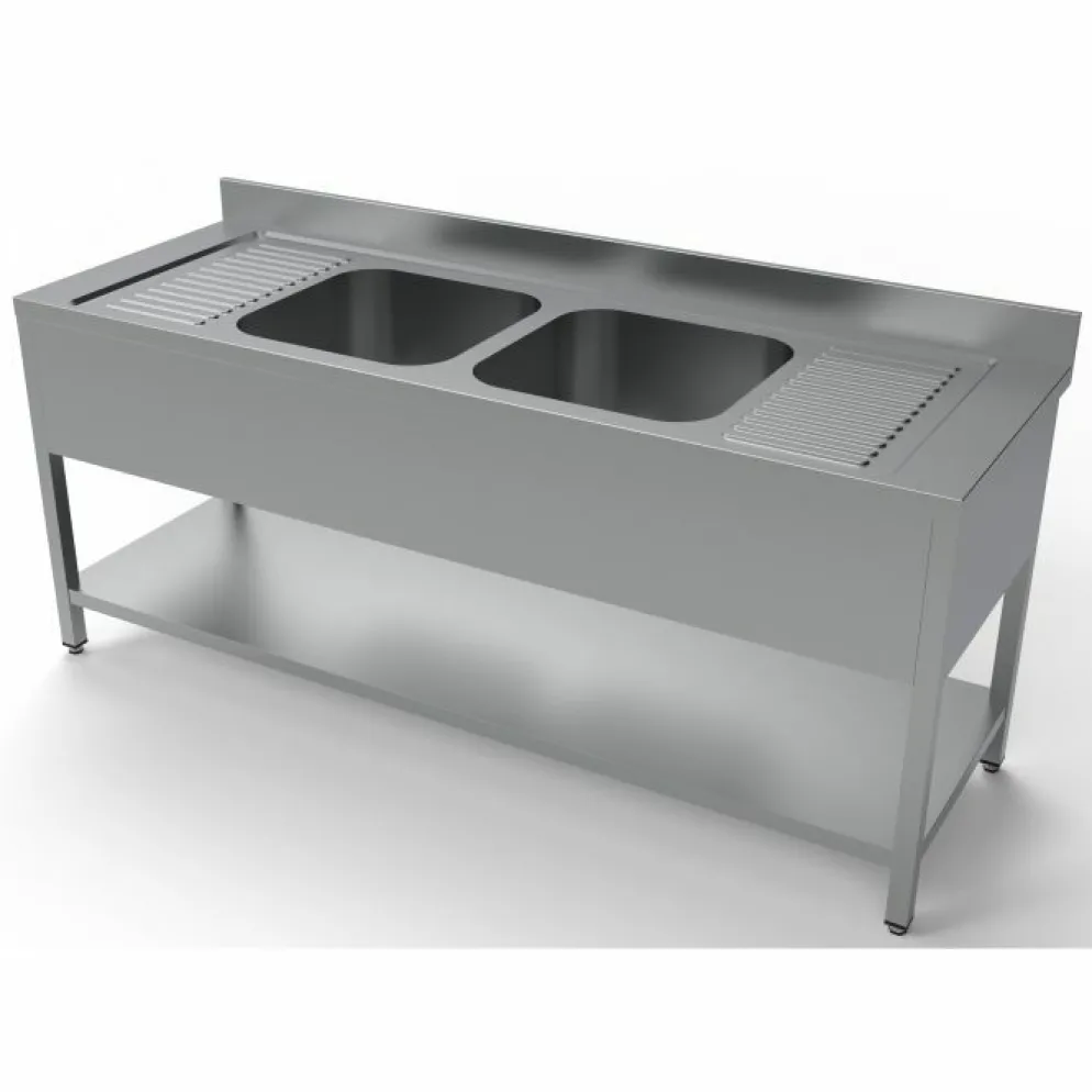 Spültisch 700 mm mit Grundboden Breite 2400 mm, 2 Becken mittig