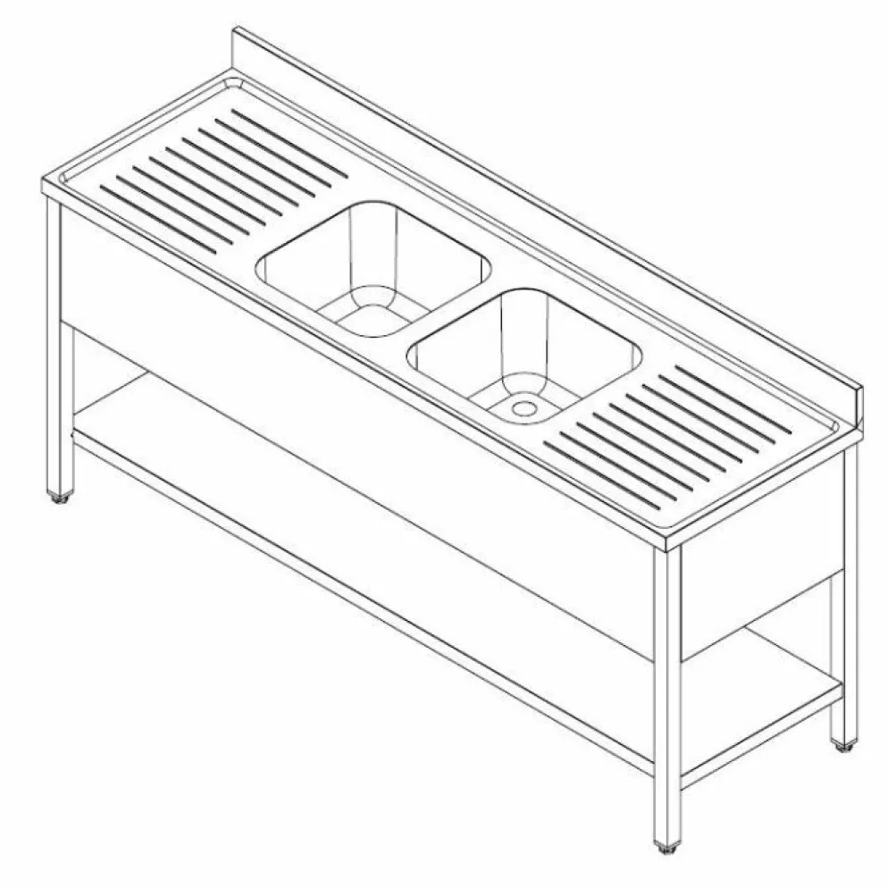 Spültisch 700 mm mit Grundboden Breite 2400 mm, 2 Becken mittig
