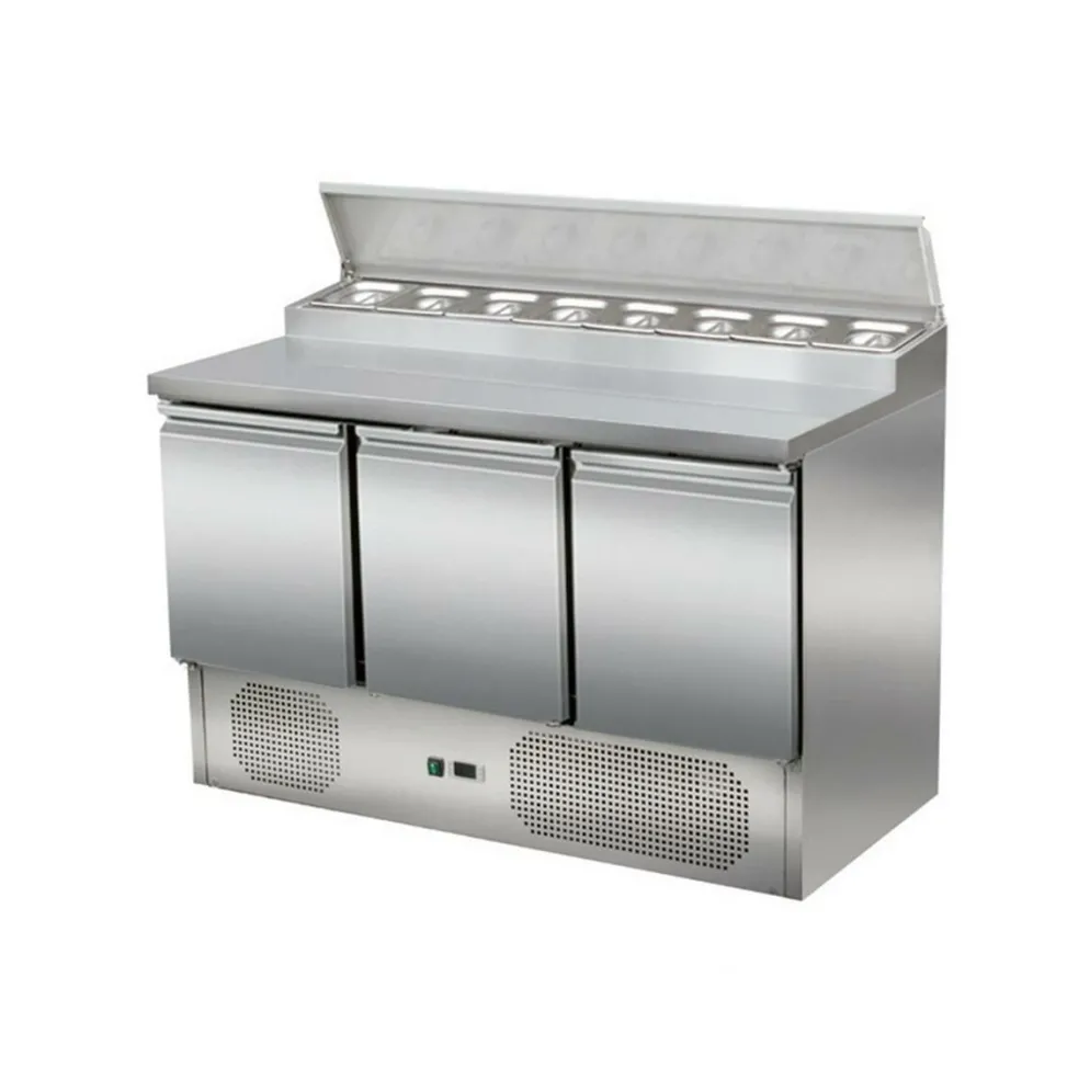 Zubereitungstisch Pizzatisch 3-türig mit Kühlaufsatz für 8x GN1/6, Breite 1370mm